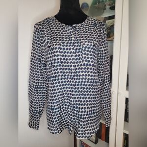 Loft Cotton Silk Blend Button Up Top Ivory with Navy & Teal Spots XS